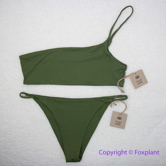 New! Set! Toast‎ Signature One-Shoulder Bikini Top, String Bottom, dark green, L - Picture 2 of 11